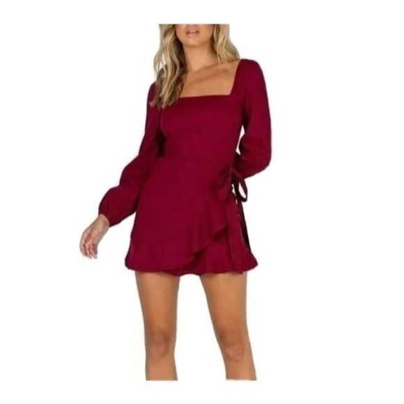 Princess Polly The Villa Mini Dress Burgundy Faux Wrap Puff Long Sleeves Sz 12 - Picture 1 of 9